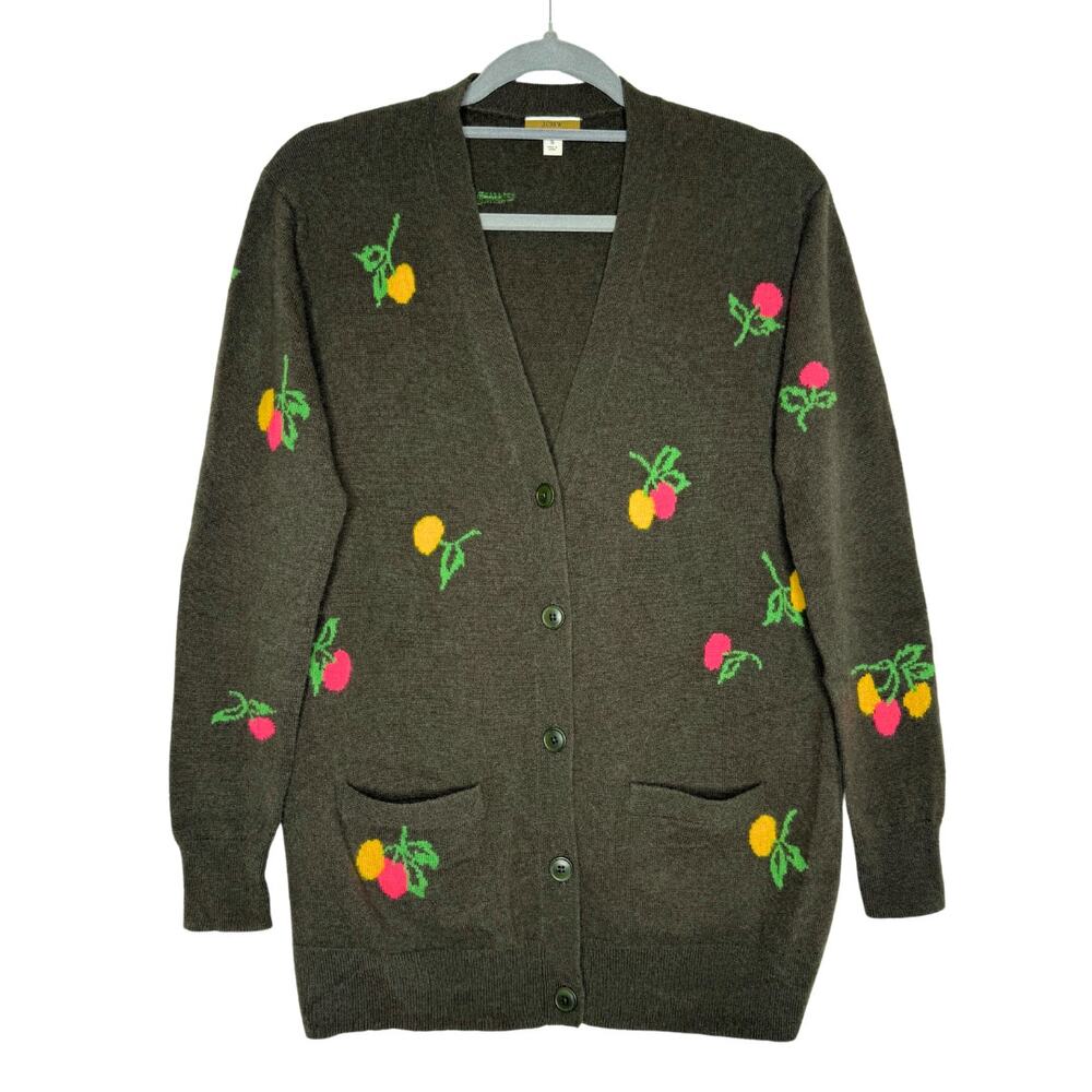 J. Crew Flower Bud Cashmere Button Down Boyfriend Cardigan Sweater Small Cherry